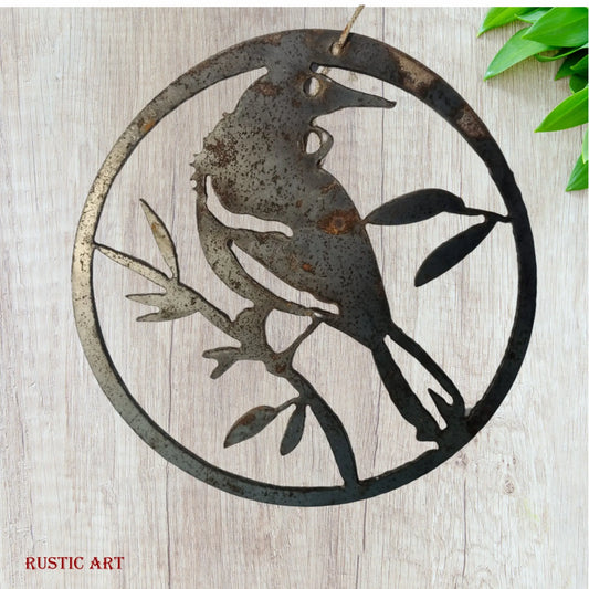 hanging Rusty Metal Bird TUI in circle approx 160mm in dia - Vintique Concepts