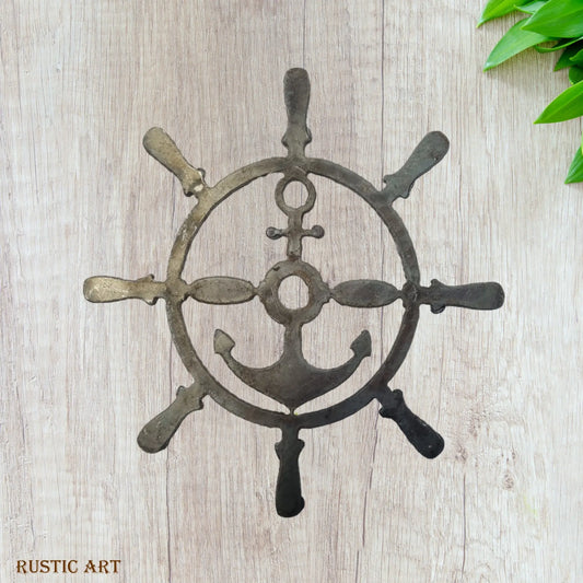 Ships or Boat WHEEL & ANCHOR Rusty metal 190mm Dia - Vintique Concepts