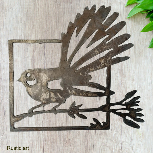 Framed Rusty Metal Bird FANTAIL or Pīwakawaka  198mm x 183mm - Vintique Concepts