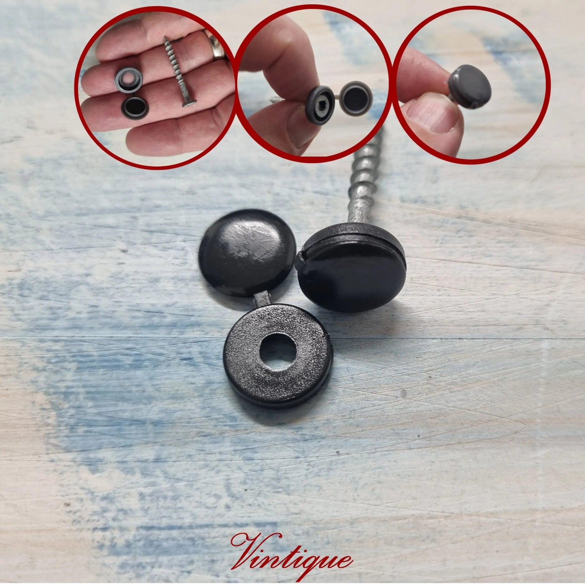 Screw Cap with hinged cover lid 14mm Dia-BLACK (pkt of 20)-Vintique Concepts