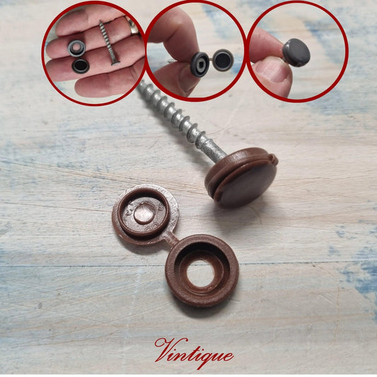 Screw Cap with hinged cover lid 14mm Dia-Dark Brown (pkt of 20)-Vintique Concepts