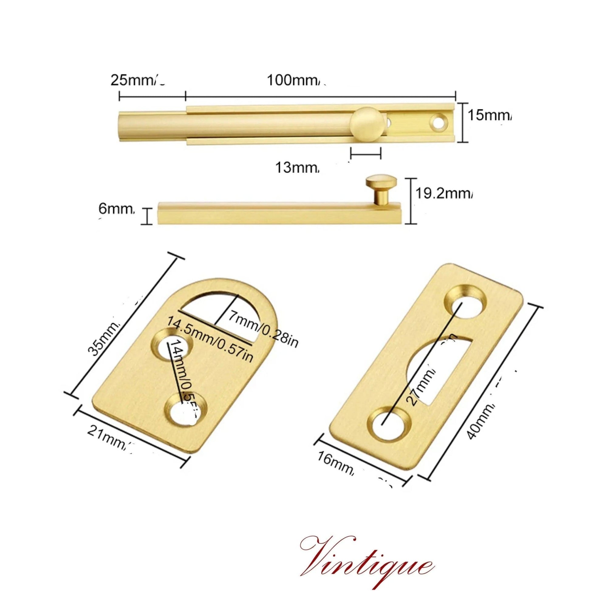 Solid Brass Security Barn Type sliding Bolt 100mm long-Vintique Concepts