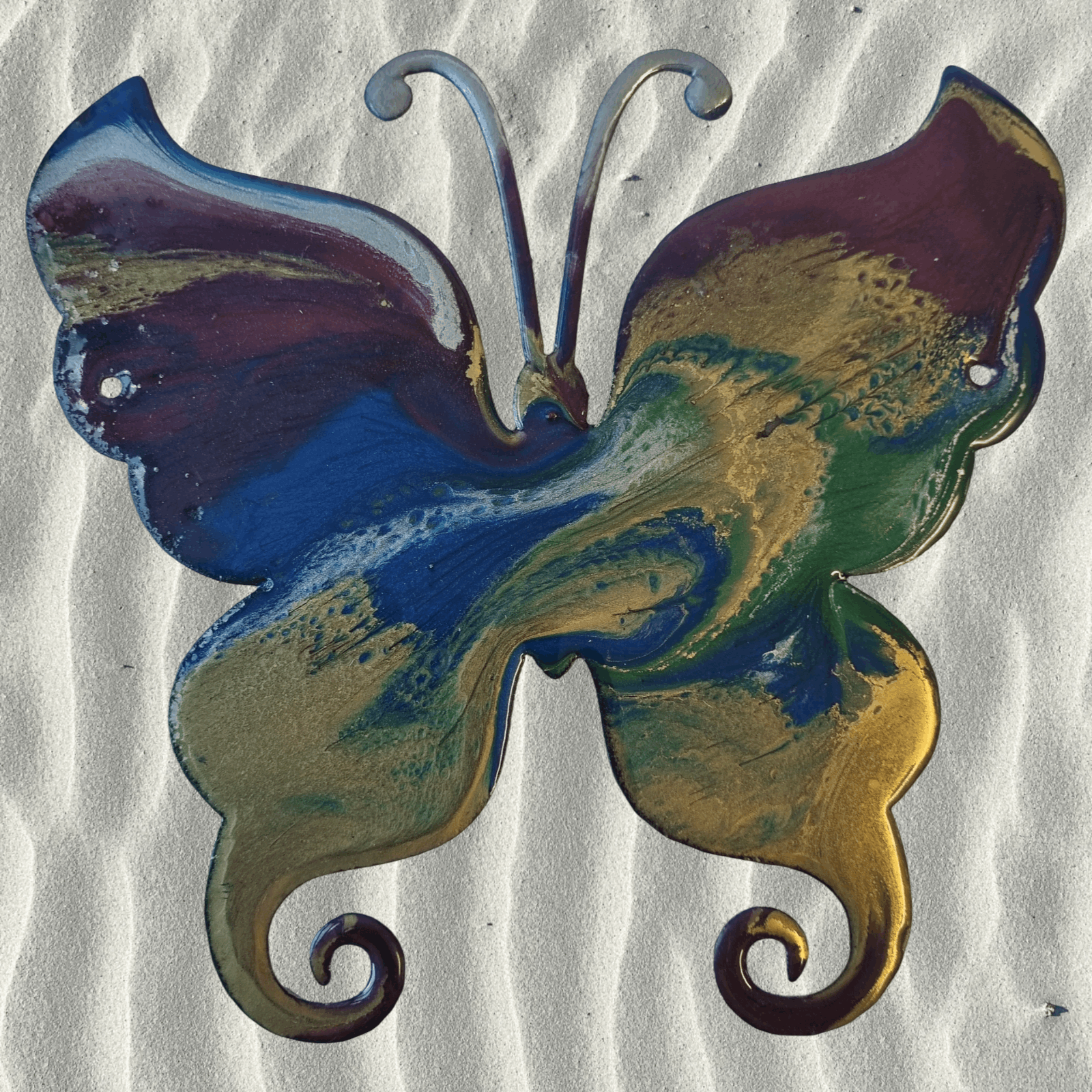 LARGE COLOURFUL BUTTERFLY metal art coated in pourable epoxy 240 X 230MM