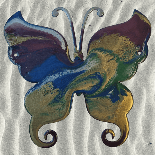 LARGE COLOURFUL BUTTERFLY metal art coated in pourable epoxy 240 X 230MM