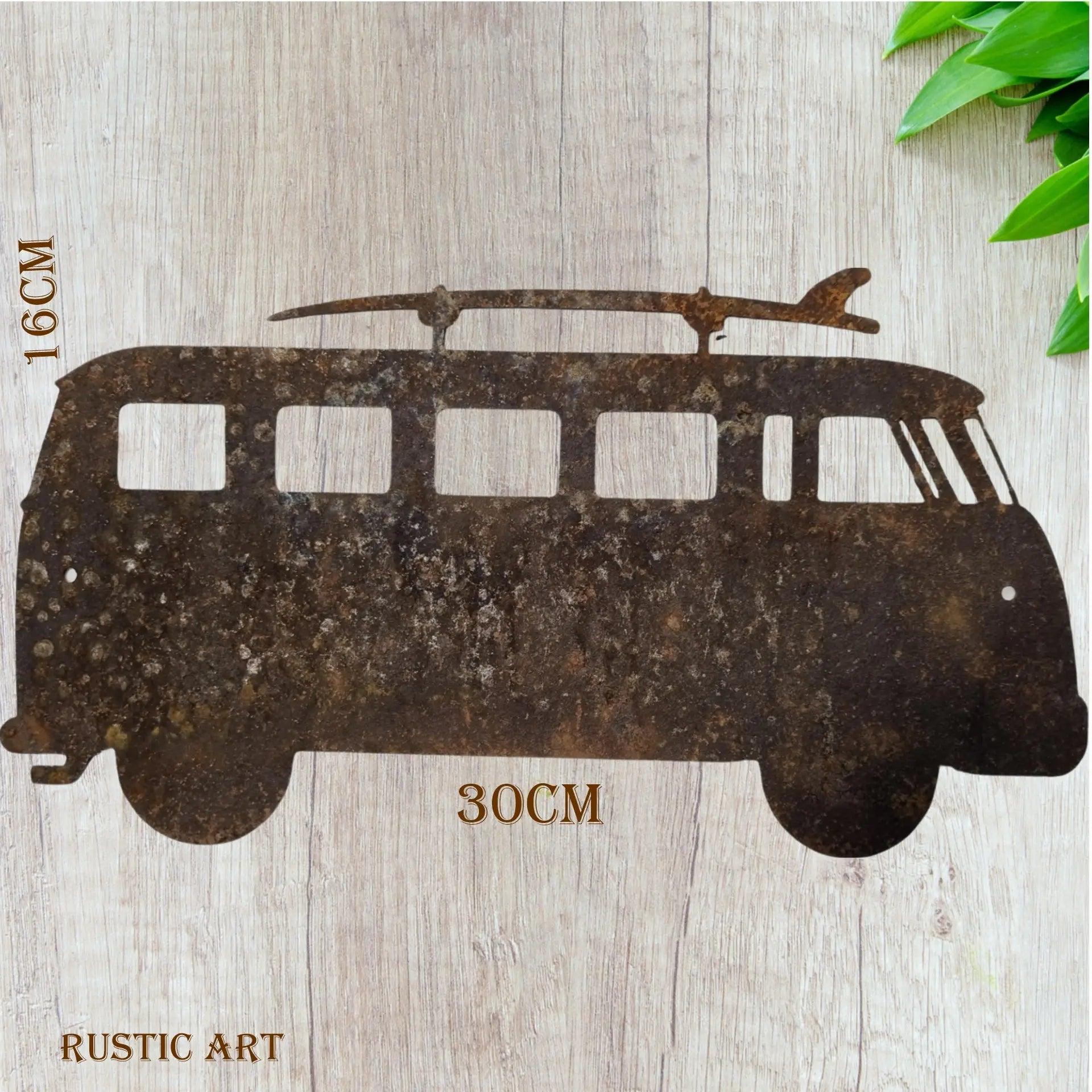VW Camper Van with surfboards -Rusty metal  art 300mm  x160mm-Vintique Concepts