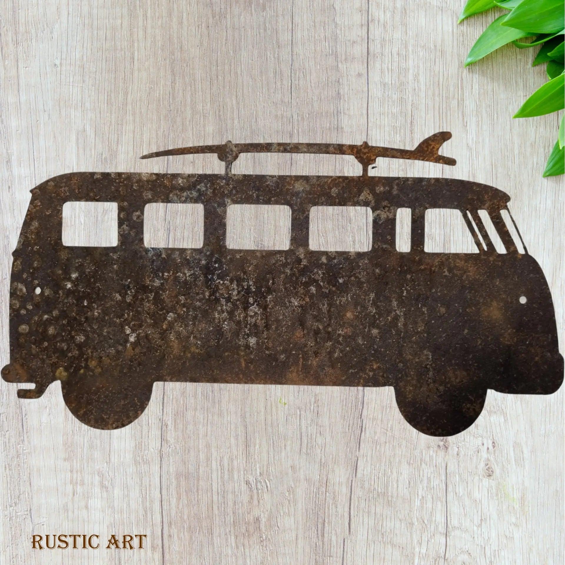VW Camper Van with surfboards -Rusty metal  art 300mm  x160mm-Vintique Concepts