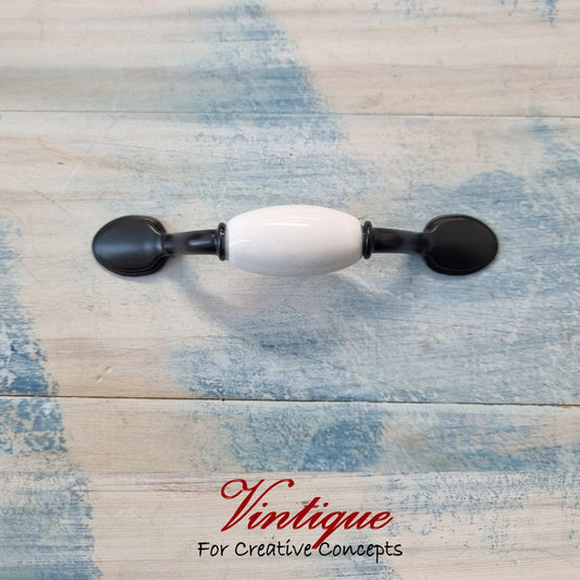 White ceramic (40mm pattern) Black Drawer / Cabinet vintage handle 133mm length-Vintique Concepts