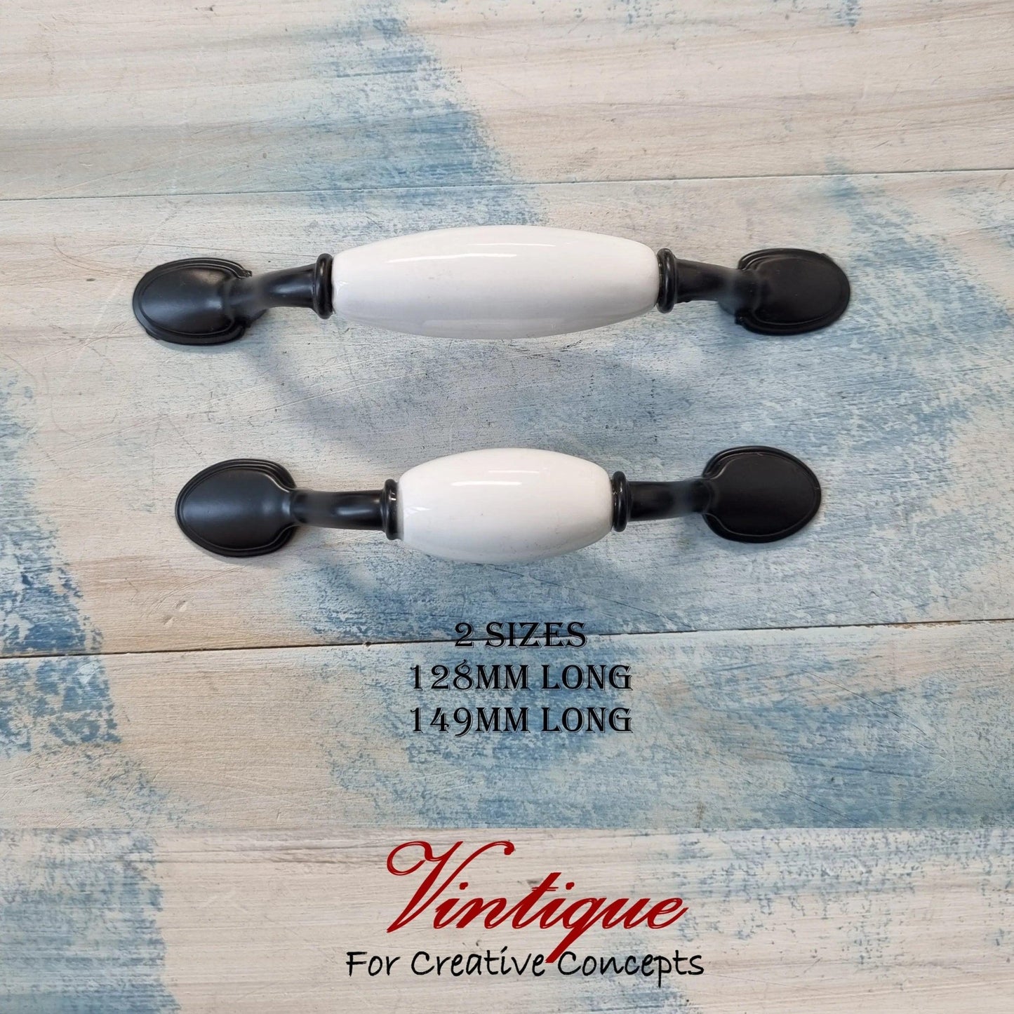 White ceramic (40mm pattern) Black Drawer / Cabinet vintage handle 133mm length-Vintique Concepts