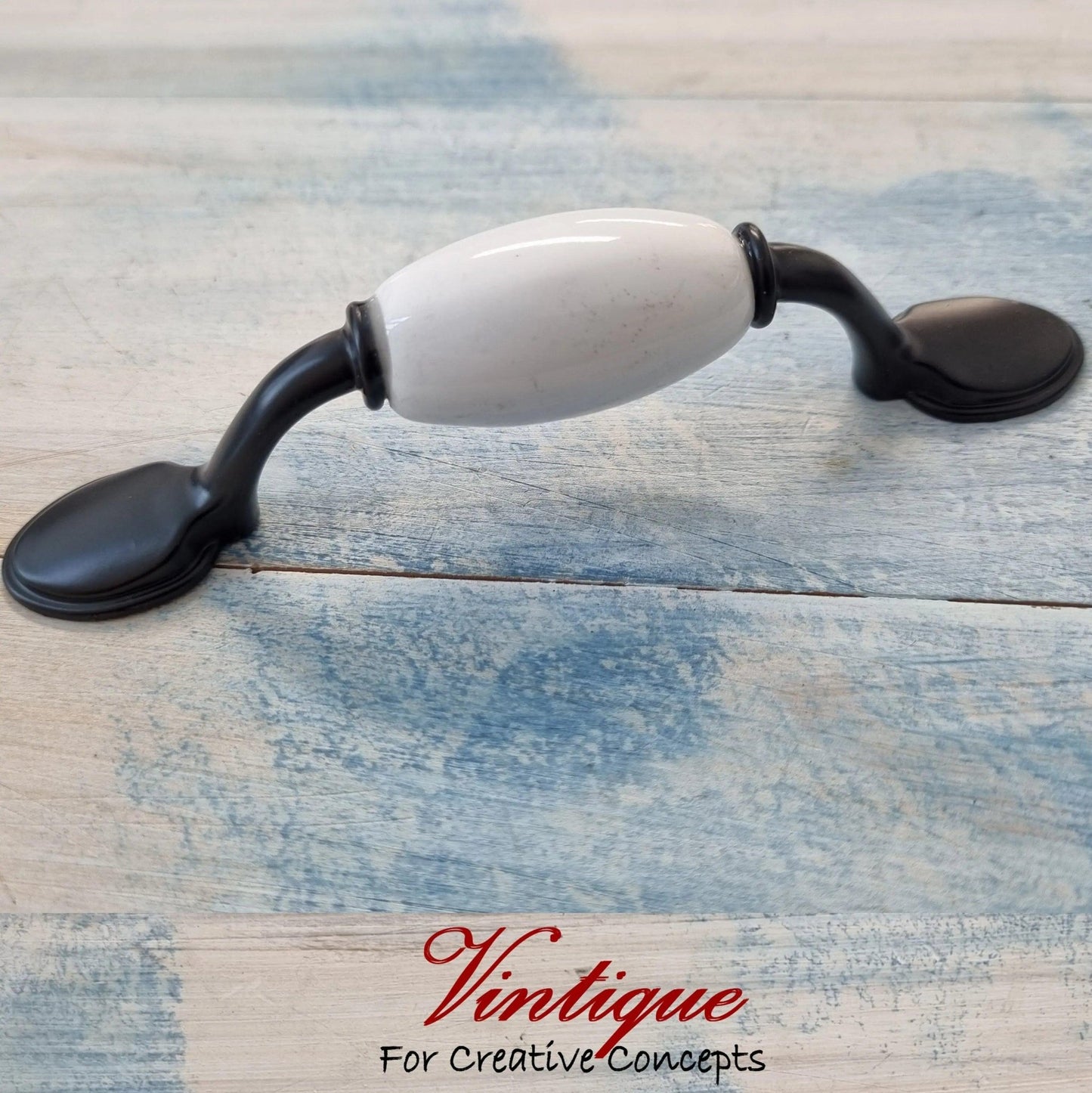 White ceramic (40mm pattern) Black Drawer / Cabinet vintage handle 133mm length-Vintique Concepts
