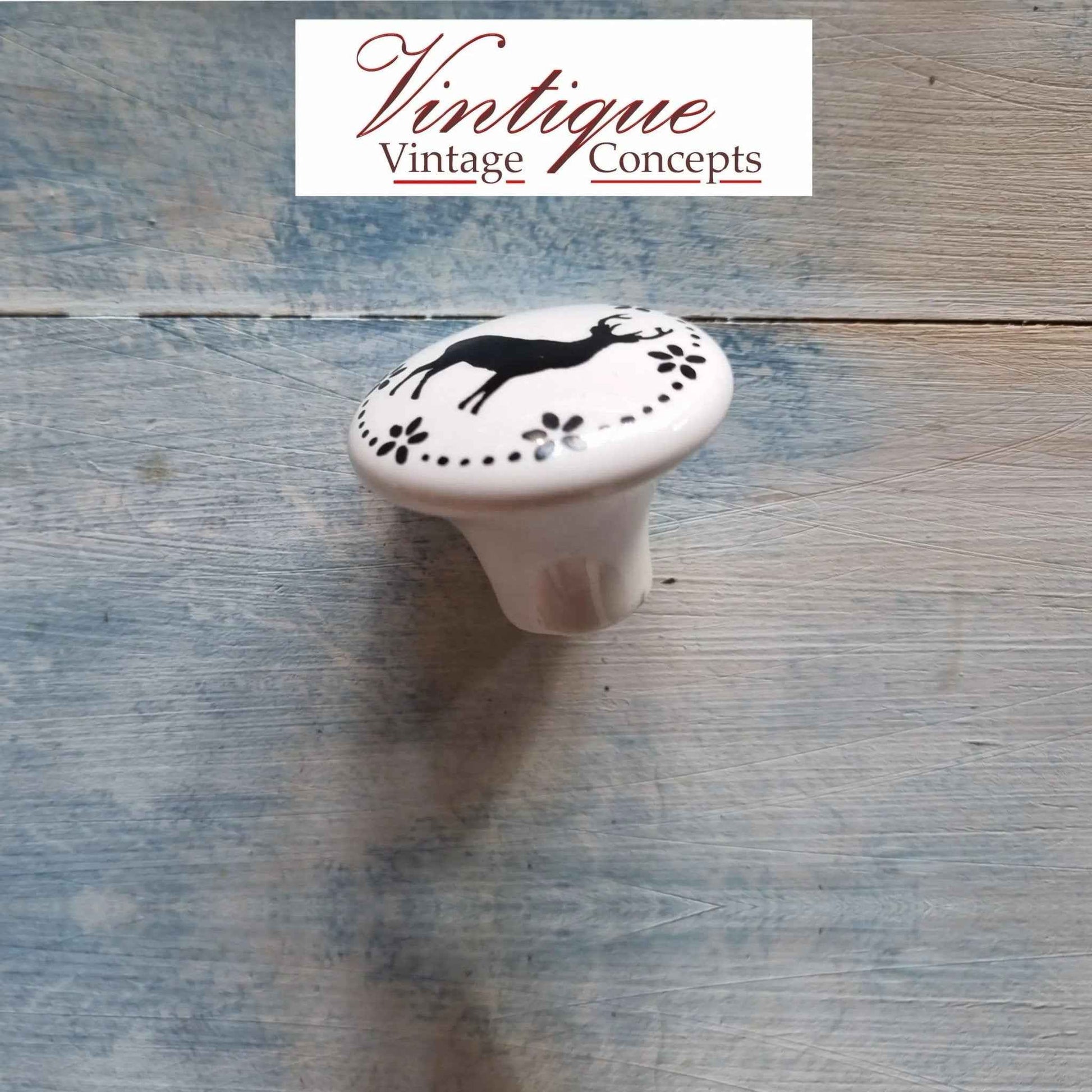 White Ceramic cabinet Knob Deer 35mm Dia