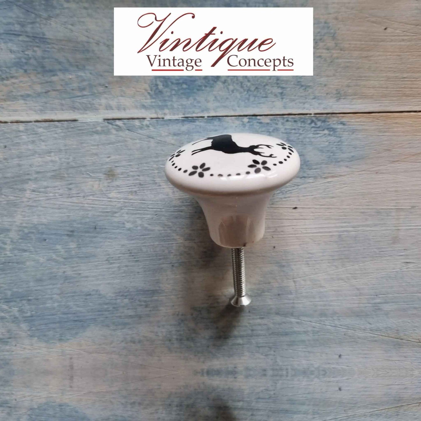White Ceramic cabinet Knob Deer 35mm Dia