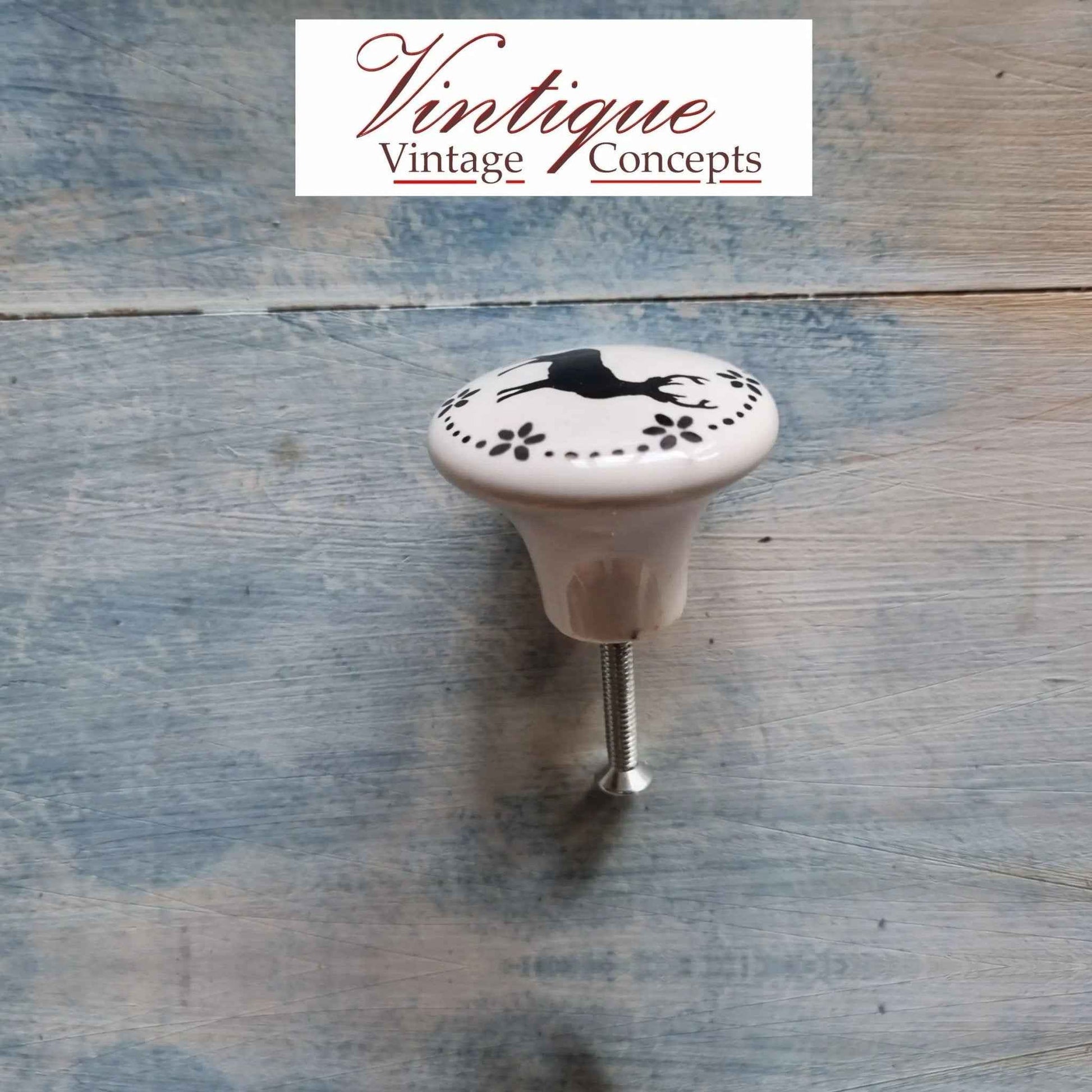 White Ceramic cabinet Knob Deer 35mm Dia