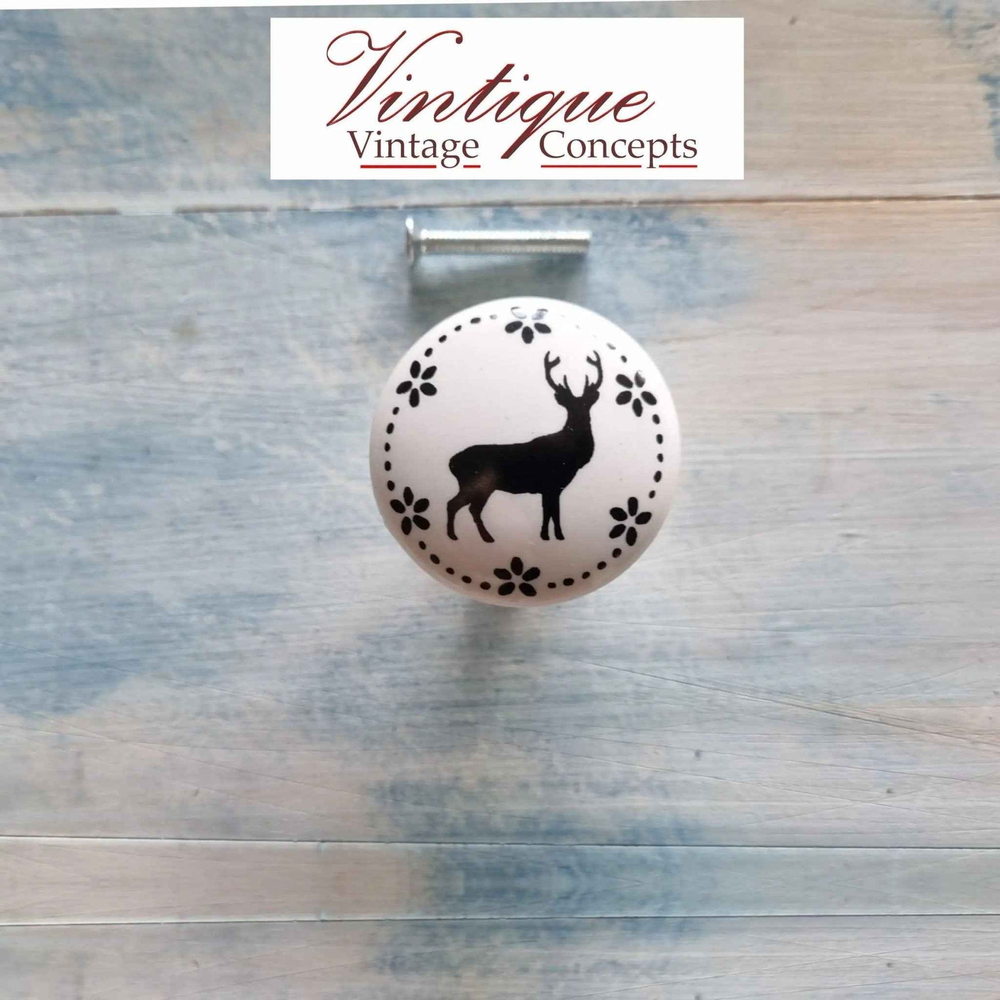 White Ceramic cabinet Knob Deer 35mm Dia