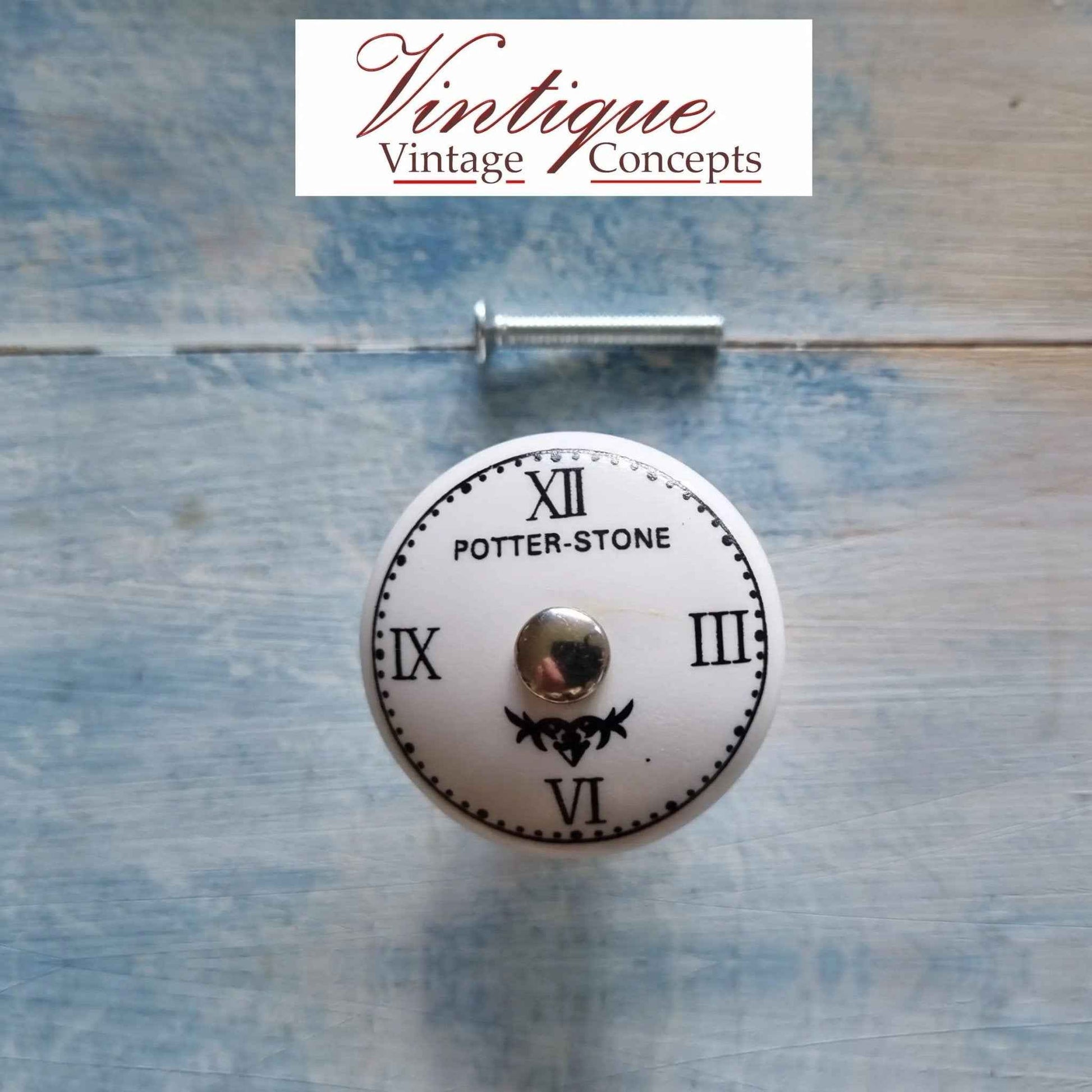 White Ceramic Knob Roman Numerals Clock Potter Stone 35mm Dia
