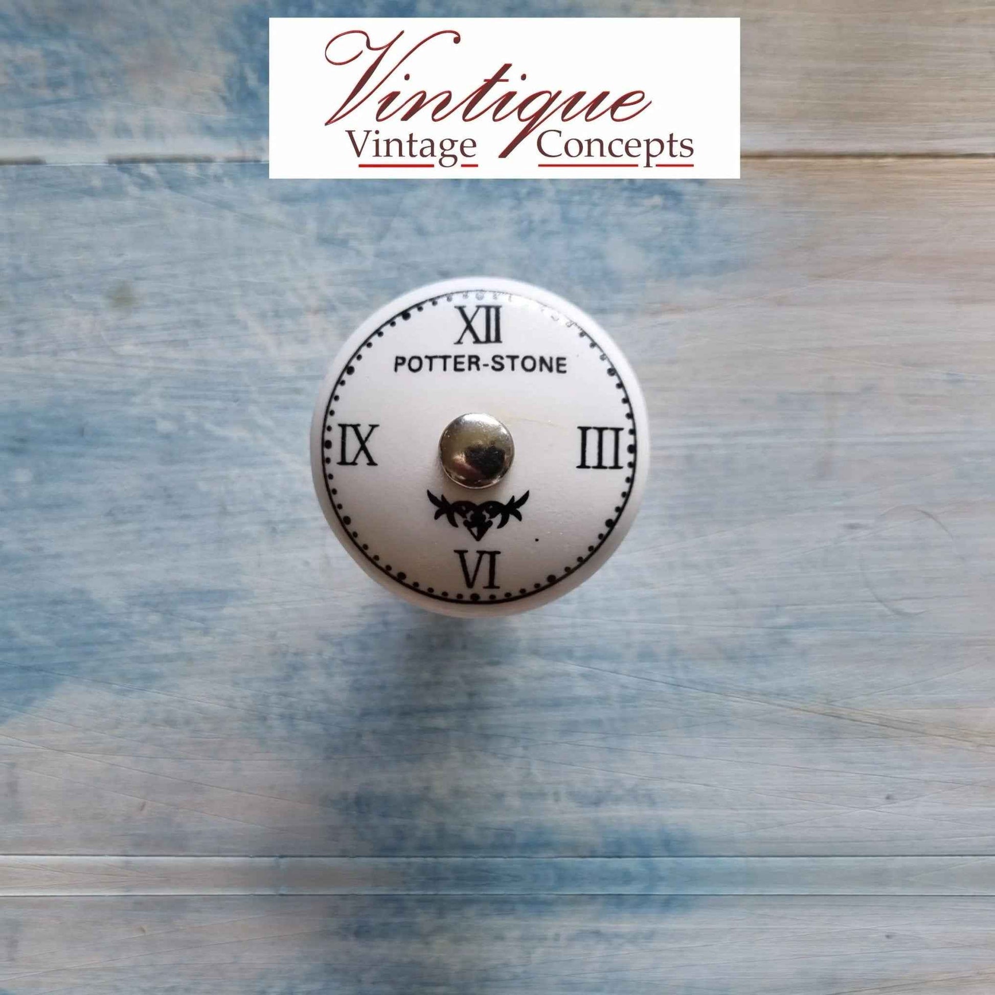 White Ceramic Knob Roman Numerals Clock Potter Stone 35mm Dia