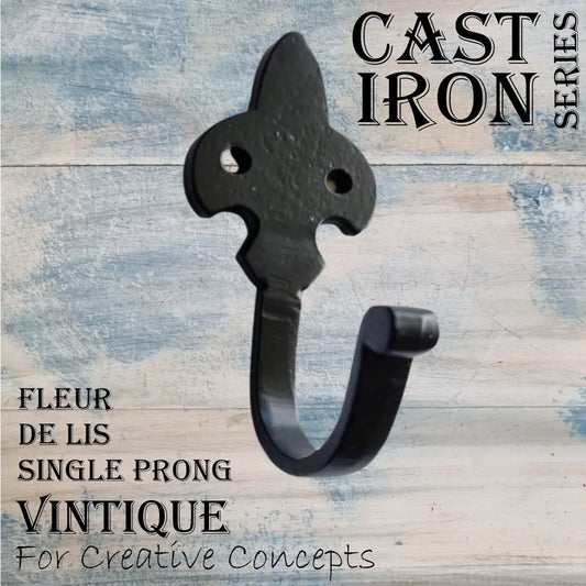 Cast Iron FLEUR DE LIS single prong Coathook 120mm long - Vintique Concepts