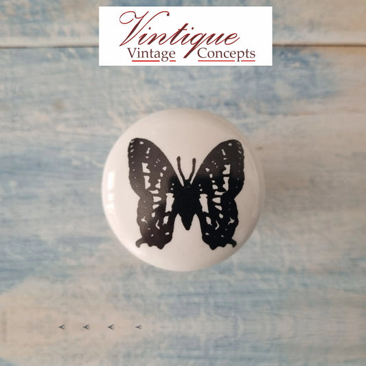 White Ceramic drawer or cabinet Knob Lovely Butterfly 35mm Dia - Vintique Concepts