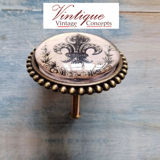 French series Vintage Glass/Zinc Alloy Gold Knob 54mm Fleur De Lis - Vintique Concepts