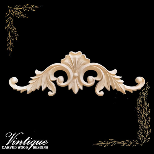 Leafy Scallop carved wood Centre Applique 30cm x 8cm - Vintique Concepts
