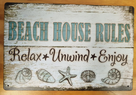 BEACH HOUSE RULES- Tin Sign- Relax, Unwind, Enjoy 30cm x 20cm - Vintique Concepts