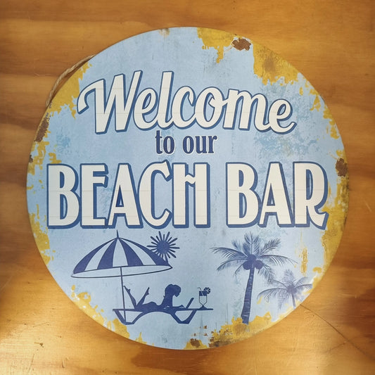 Welcome to our beach -Round beach Tin Sign-30cm dia - Vintique Concepts