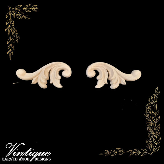 Royal Plumes Carved wood Appliques (sold in pairs) 11cm x 6cm - Vintique Concepts